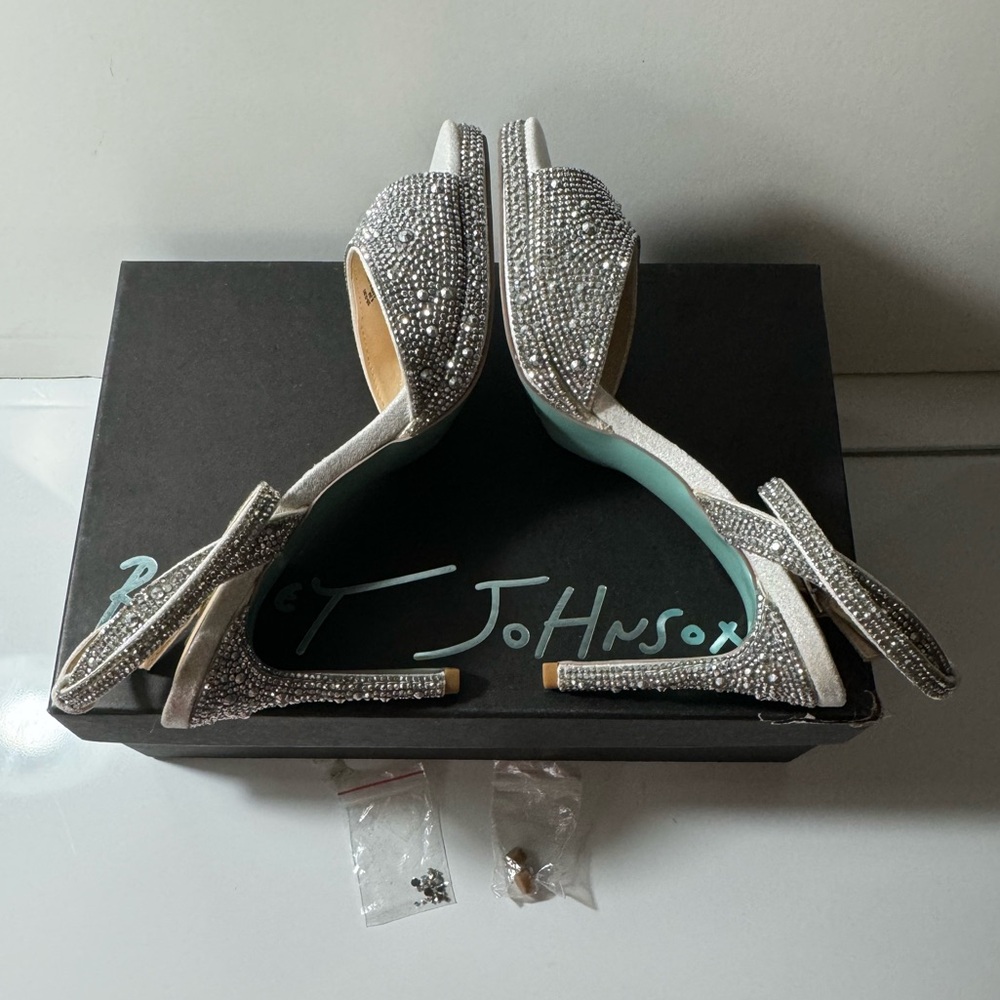 Blue by Betsey Johnson suni silver ringstone heeled sandals ankle strap 6.5 NWT - Picture 6 of 9